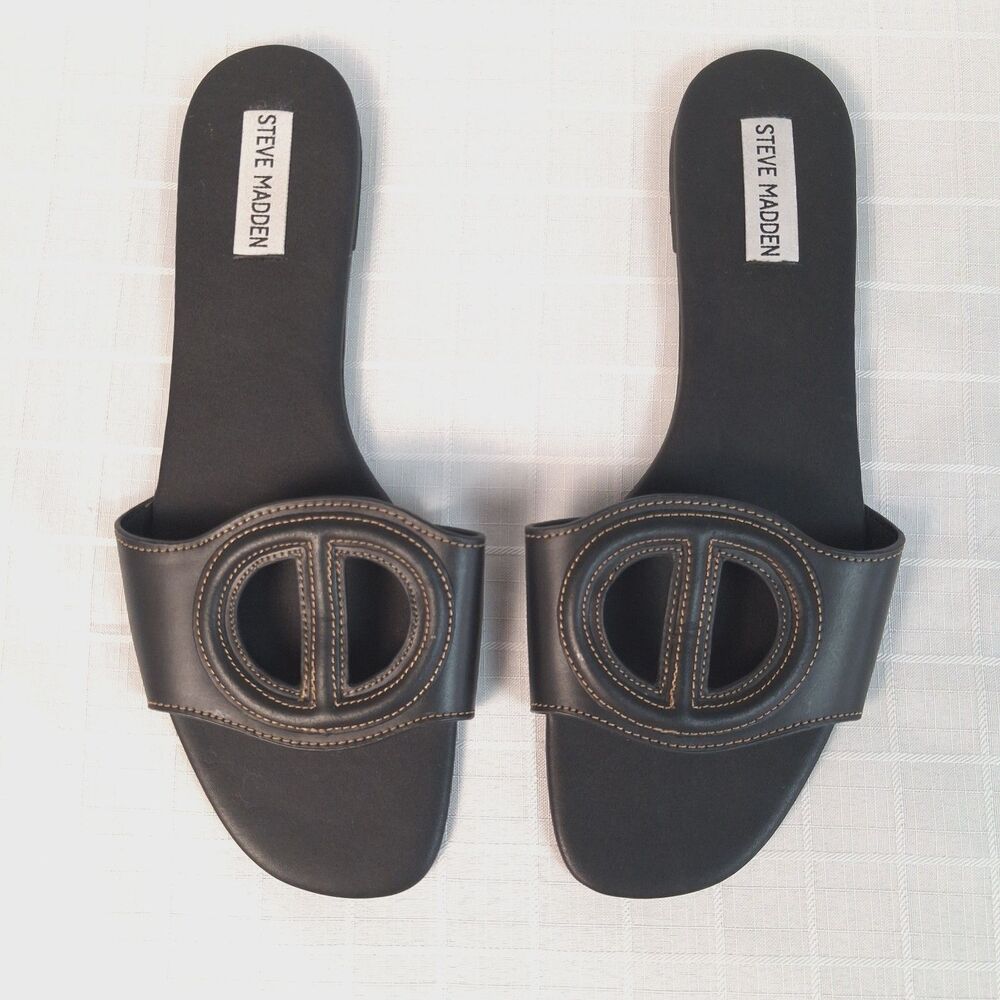 Steve Madden Kylah Flat Leather Slides Brown Stitching Sandal Size 10M